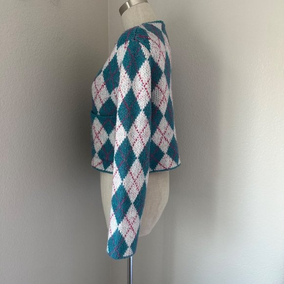 Zara Argyle Knit Jacquard Sweater Cardigan Round Neck Blue Color Sz S - Picture 4 of 8